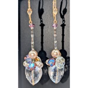 Crystal Faceted Heart Pearl Crystal Flower Beaded Gold Tone Lever Back Earrings